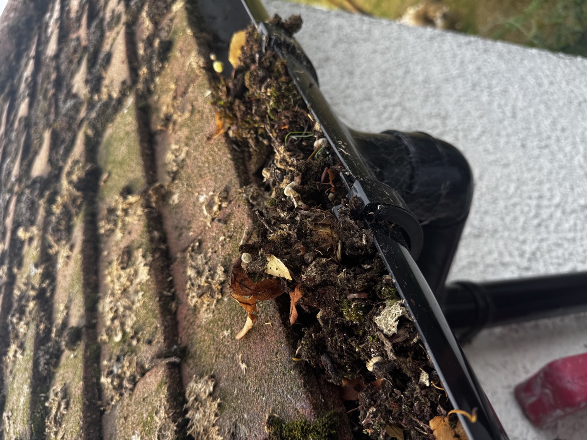 SkyVac vacuum pole clearing a gutter from ground level